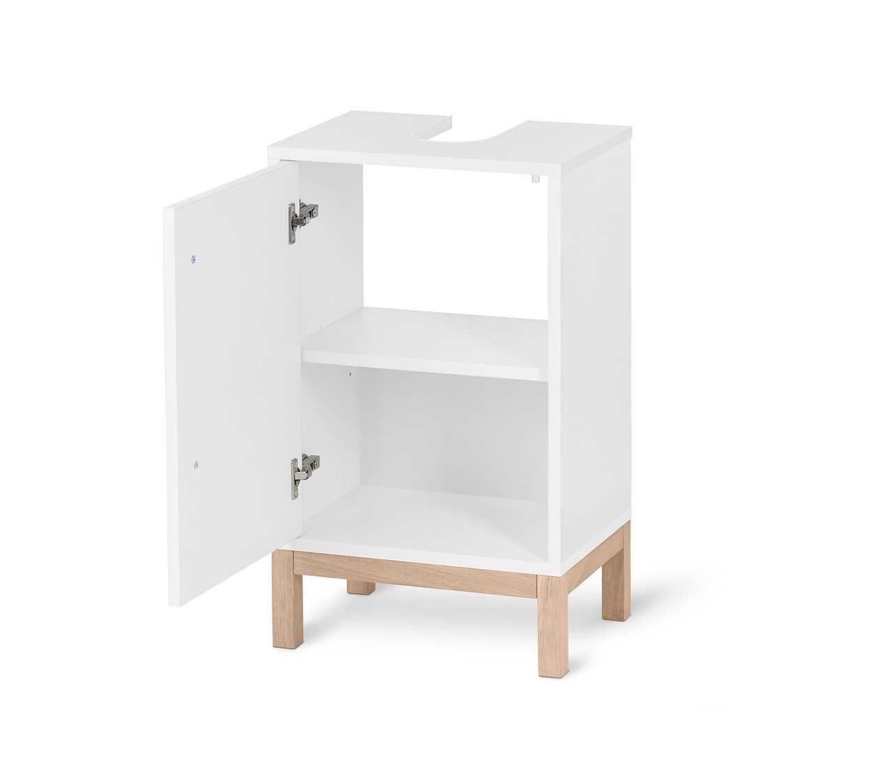 Otvorená malá biela skrinka pod umývadlo Eklund s policou a svetlými drevenými nohami.