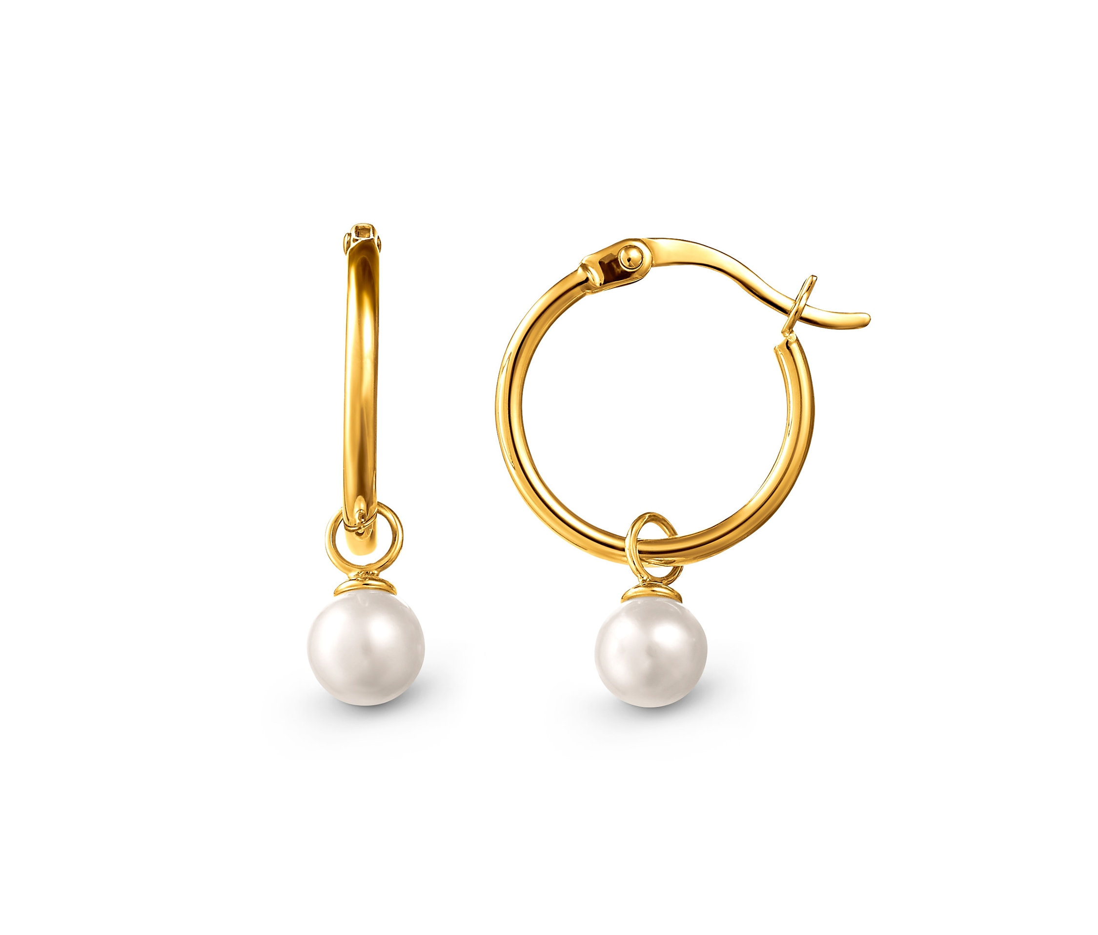 Dvoje zlaté náušnice kreoly so sladkovodnými perlami.