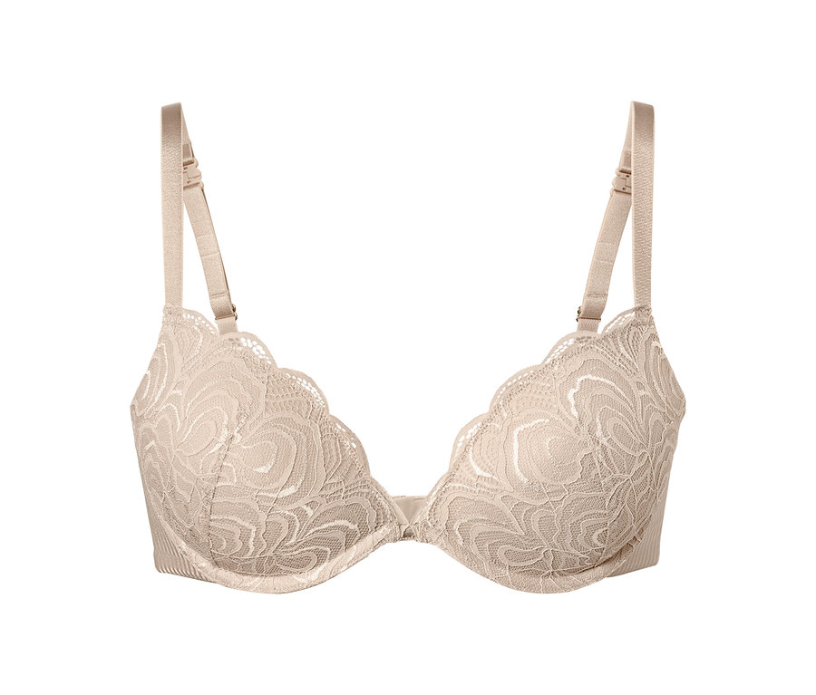 Béžová variabilná podprsenka push-up s čipkovaným vzorom.