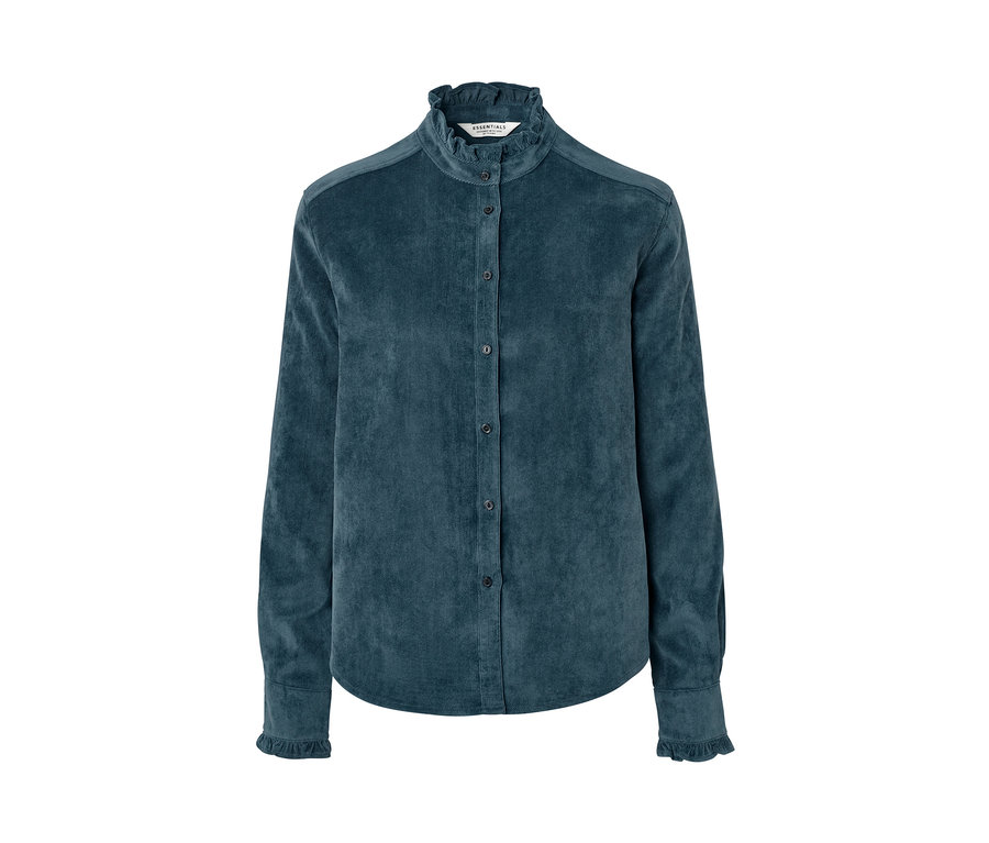 Modrá menčestrová blúzka s nariaseným detailom.