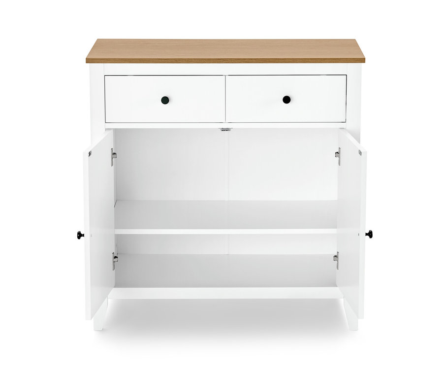 Otvorená biela odkladacia skrinka s dvoma zásuvkami a svetlou drevenou doskou.