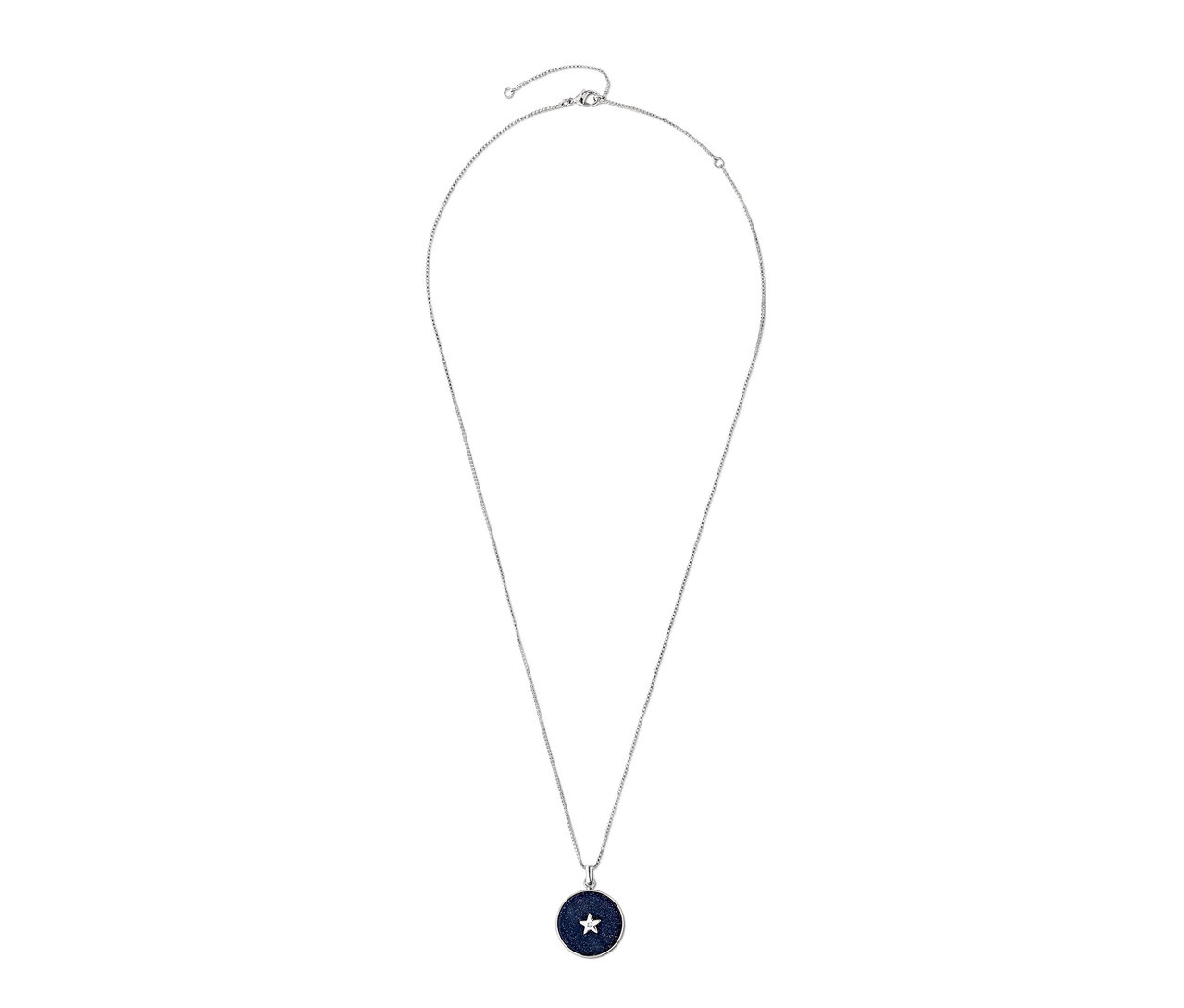 Strieborná retiazka hviezdna obloha s tmavomodrým kruhovým príveskom a bielou hviezdou uprostred.