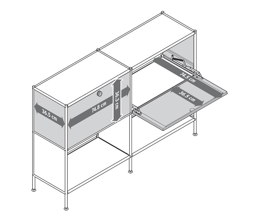 Nákres kovovej skrinky s rozmermi a výklopnými dvierkami.