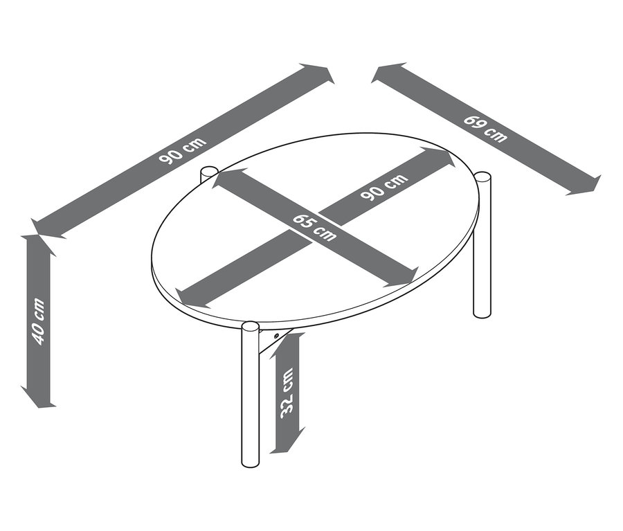 Obrázok oválneho stola s vyznačenými rozmermi.