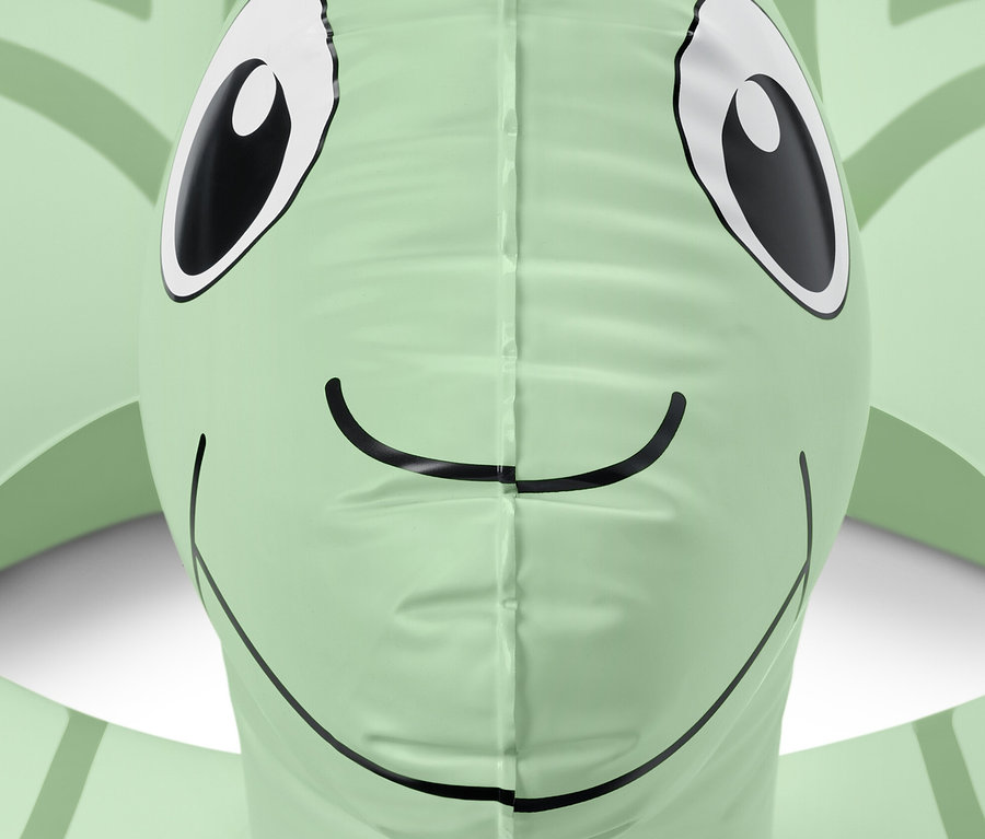 Detail zeleného plávacieho kolesa Želva s očami a úsmevom.
