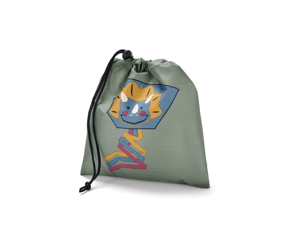 Zelené vrecúško Vreckový šarkan so sťahovacou šnúrkou a kreslenou tvárou.