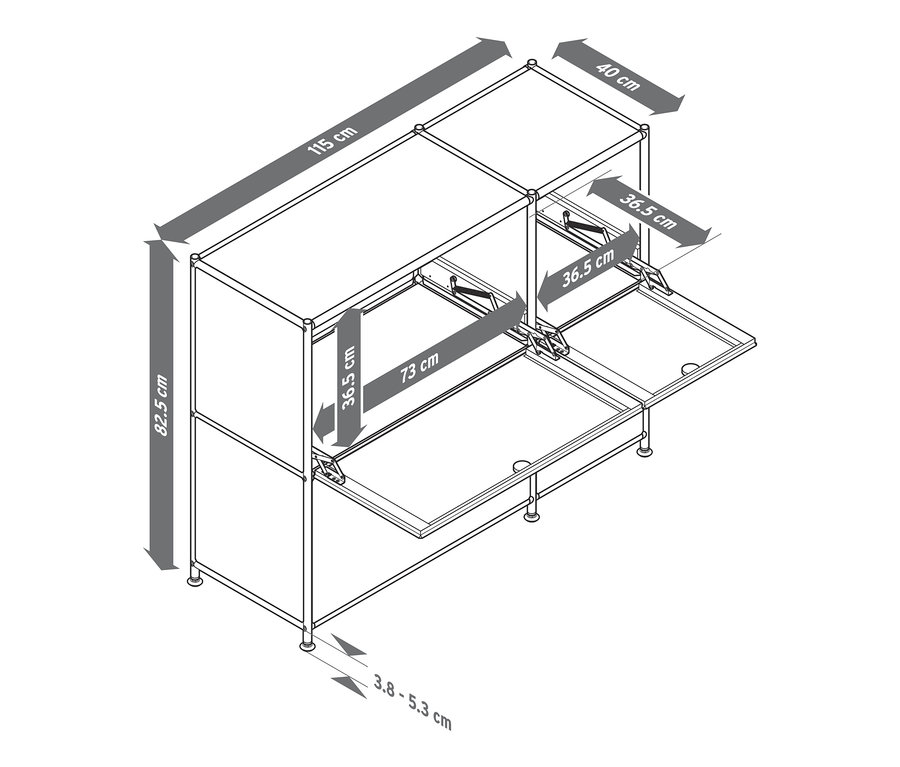 Rozmery odkladacej skrinky »CN3« so 4 výklopnými dvierkami.