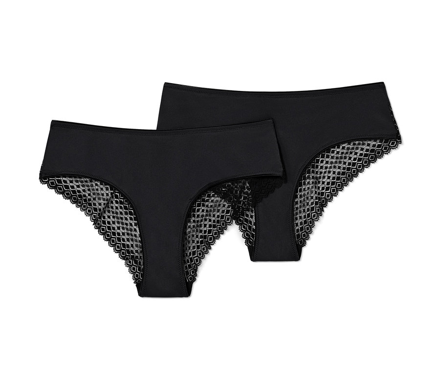Dvoje čierne brazílske nohavičky s čipkou.