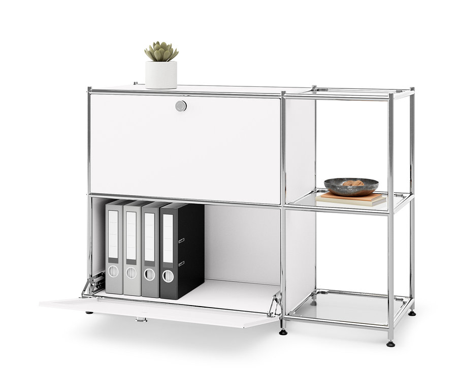 Biela kovová odkladacia skrinka »CN3« s 2 výklopnými priehradkami, vnútri sú šanóny. Hore je rastlina v kvetináči.