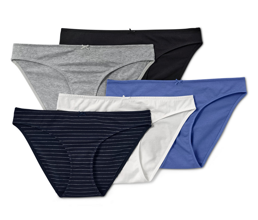 Päť nohavičiek rôznych farieb a vzorov, vrátane prúžkovaných.