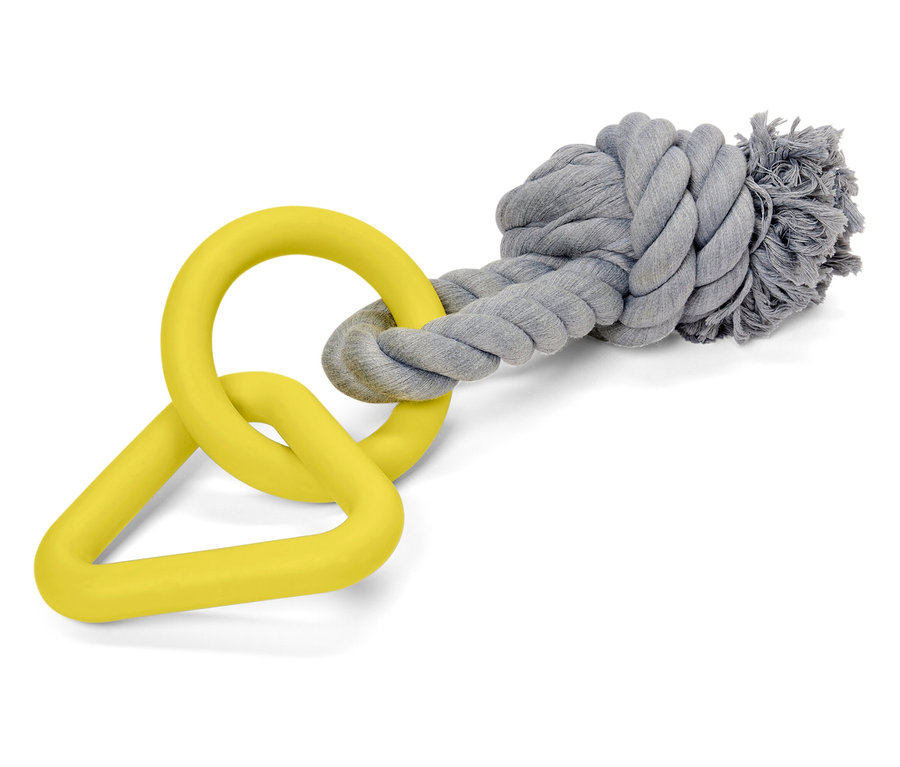 Žlto-sivá hračka pre psov s gumovými krúžkami a uzlom z povrazu.