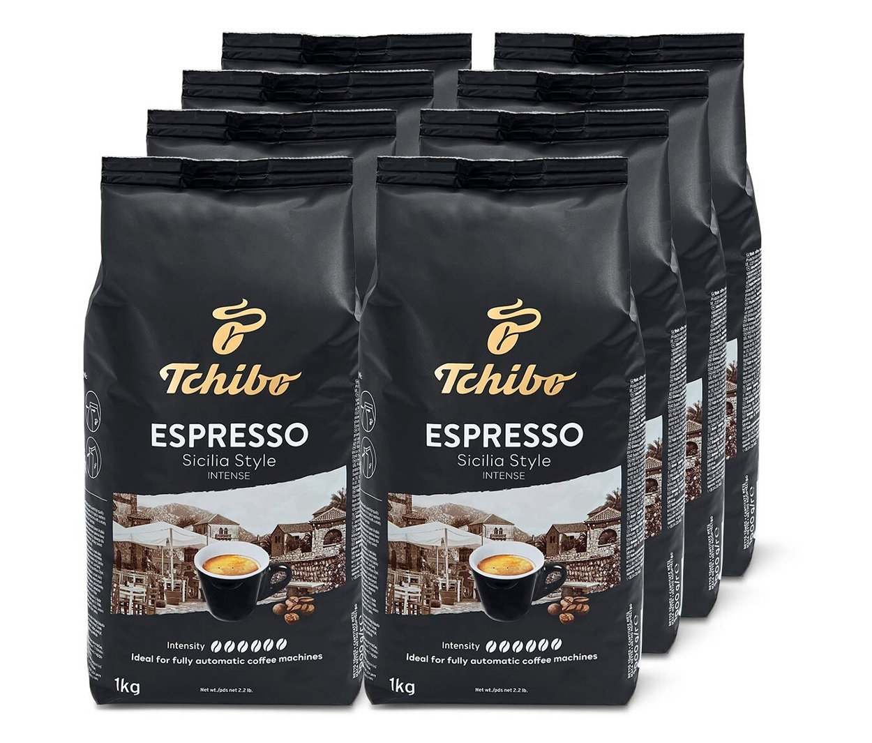 Osem balení zrnkovej kávy Tchibo Espresso Sicilia Style, každé s hmotnosťou 1 kg, naskladaných za sebou.