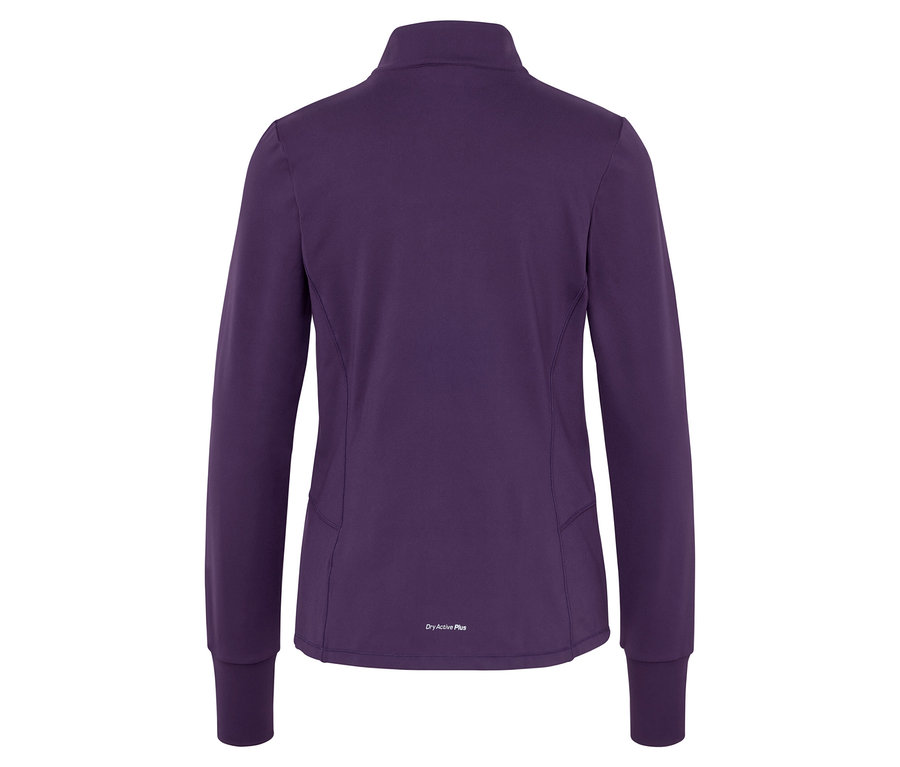 Fialová športová bunda s dlhým rukávom a zipsom vzadu.