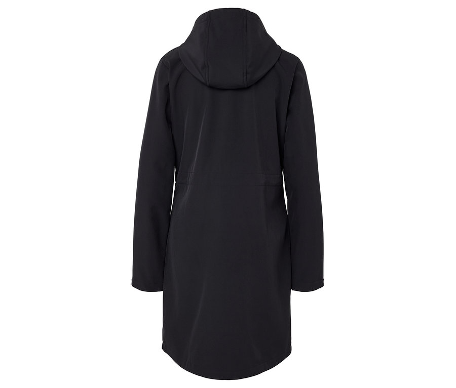 Čierny kabát s kapucňou, pohľad zozadu.