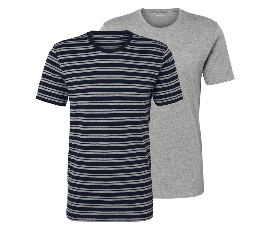 Dve tričká: jedno s modrými a sivými pruhmi a druhé sivé.