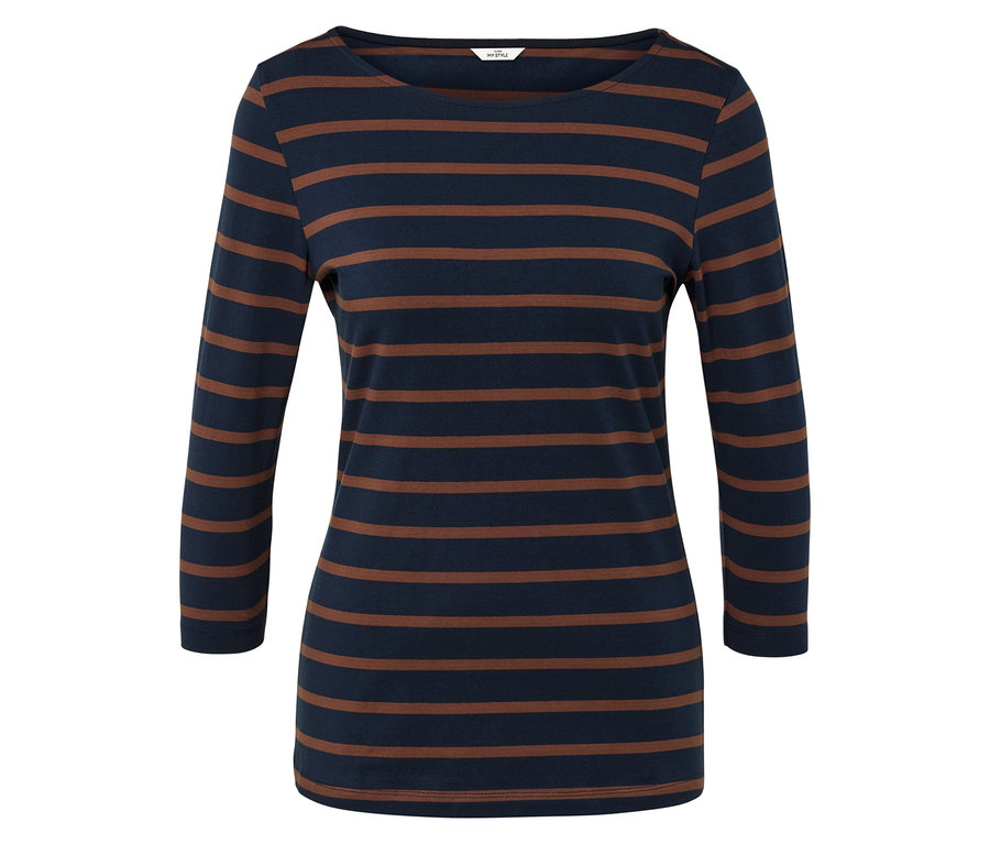 Pruhované tričko s dlhým rukávom v tmavomodrej a hnedej farbe.