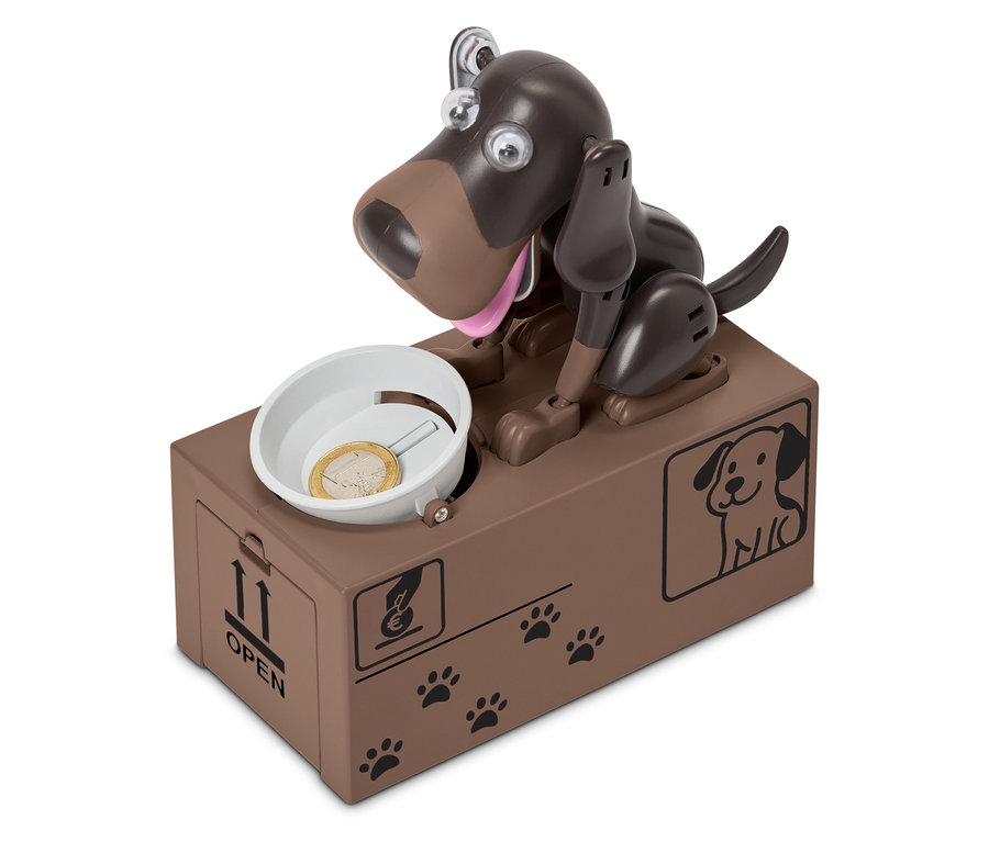 Hnedá mechanická hračka psa šetrí mince v miske.