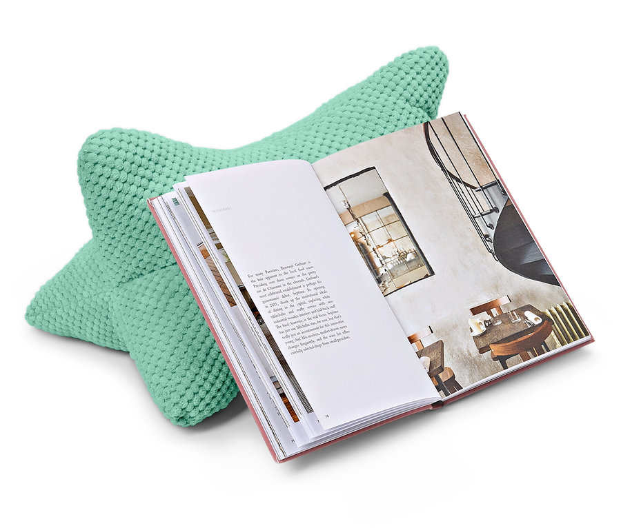 Mätovo zelený vankúš na čítanie podopiera otvorenú knihu.