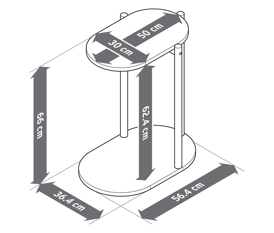 Diagram znázorňujúci rozmery oválneho stolíka. Rozmery vrchnej dosky sú 50 cm a 30 cm. Výška stolíka je 66 cm. Základňa má rozmery 36,4 cm a 56,4 cm.