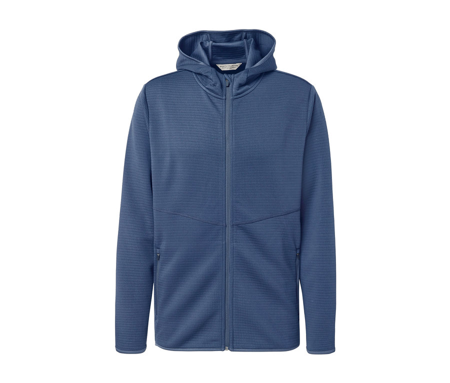 Modrá funkčná bunda s kapucňou a zipsom.