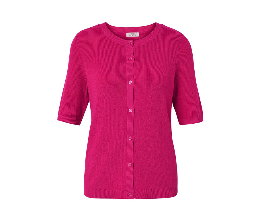 Ružový kardigán z jemného úpletu s ľanom s krátkymi rukávmi a gombíkmi.