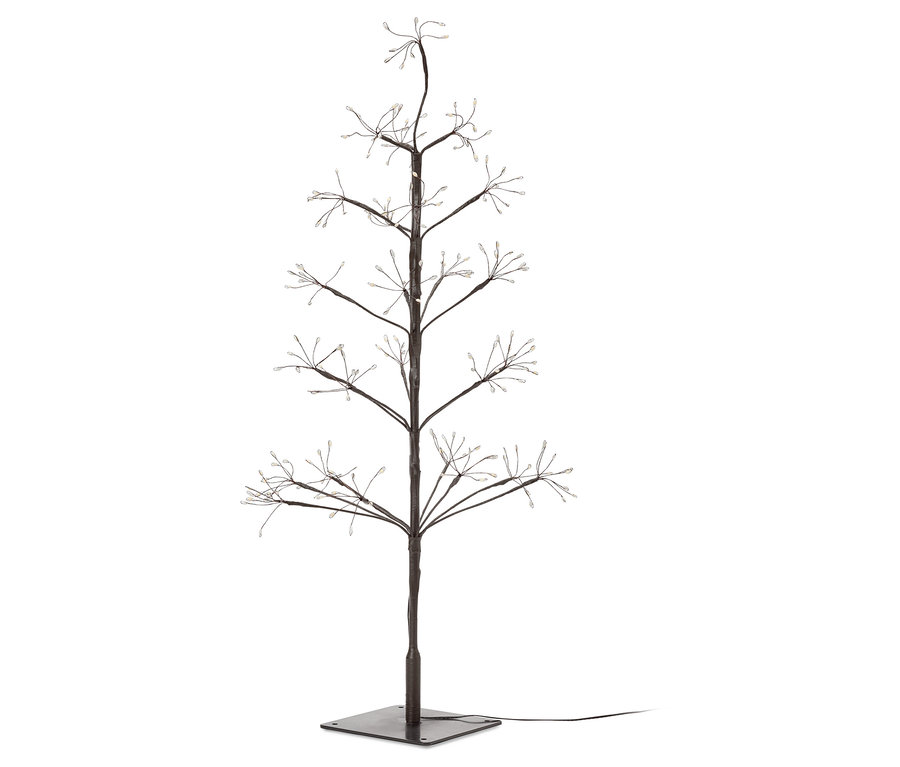 Dekoratívny strom s hnedým kmeňom a vetvami s malými svetielkami na koncoch stojí na štvorcovej základni.