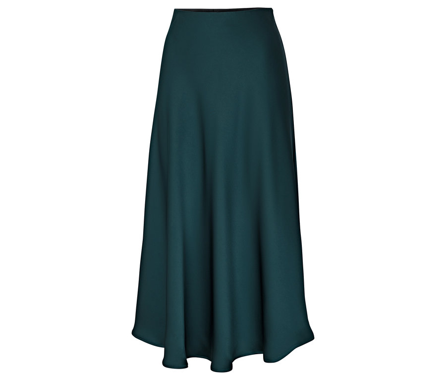 Zobrazená dlhá, splývavá sukňa v odtieni tmavozelenej.