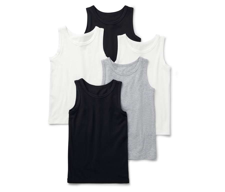 Detské tielka, 5 ks, v čiernej, bielej a šedej farbe sú poukladané na sebe.