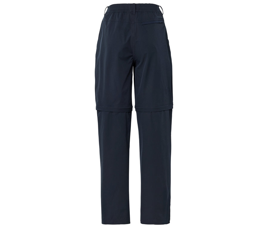 Tmavomodré, dlhé nohavice so zipsom, fotené zozadu.