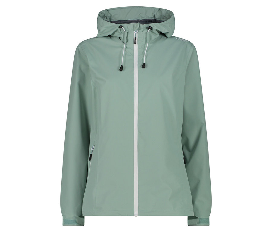 Svetlozelená bunda do dažďa s kapucňou a bielym zipsom.