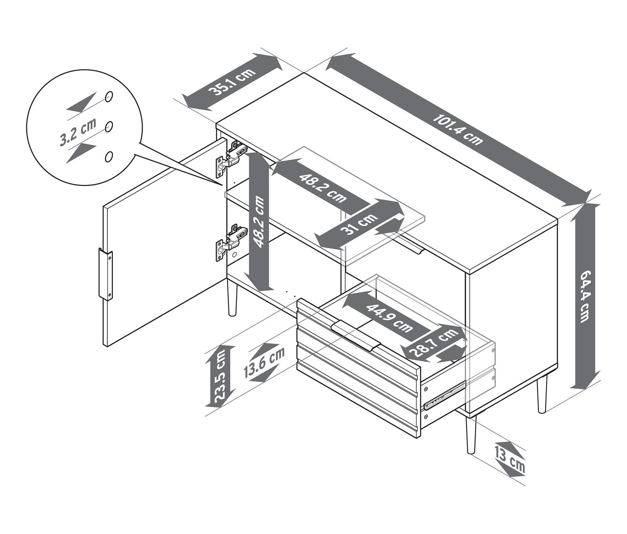 Na obrázku je komoda so zásuvkami a dvierkami s rozmermi.