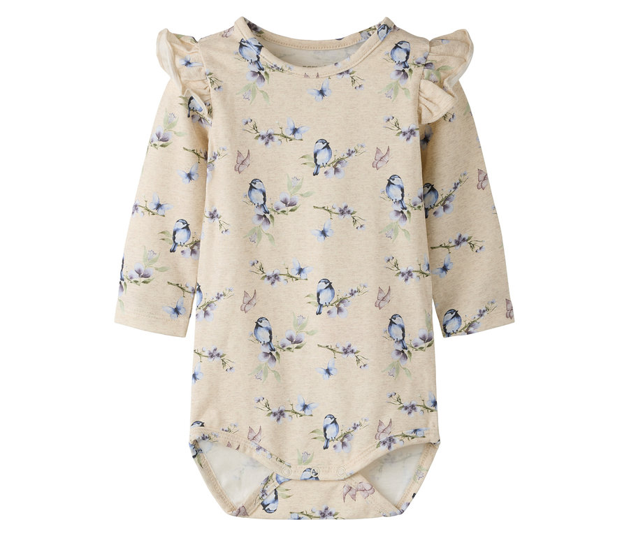 Béžové body s dlhým rukávom NAME IT s potlačou vtákov, motýľov a kvetov.