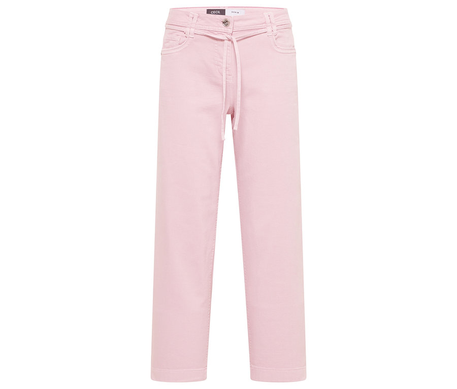 Svetloružové džínsy CECIL »Neele« ležia na bielom pozadí. Majú šnúrku.