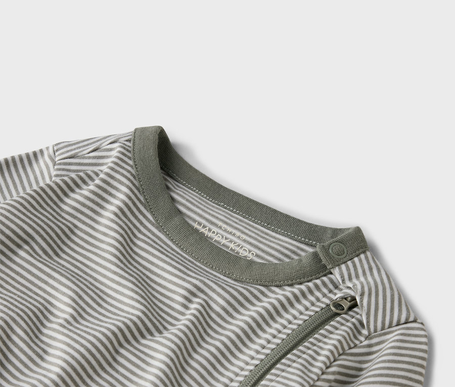 Detailný záber na sivo-biele pruhované pyžamo so zipsom a potlačou "HAPPY KIDS" na golieri.