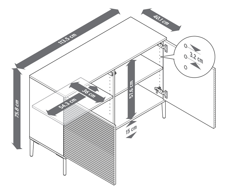 Pohľad zhora na komodu »REET« v lamelovom vzhľade a rozmery.