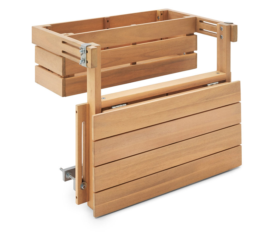 Drevená konštrukcia s policou a sklopnou doskou stola na bielom pozadí.