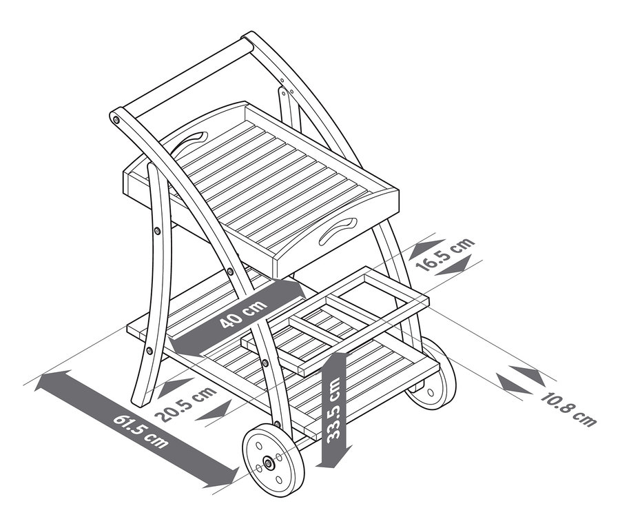 Ilustrácia barového vozíka s odnímateľnou táckou a rozmermi.