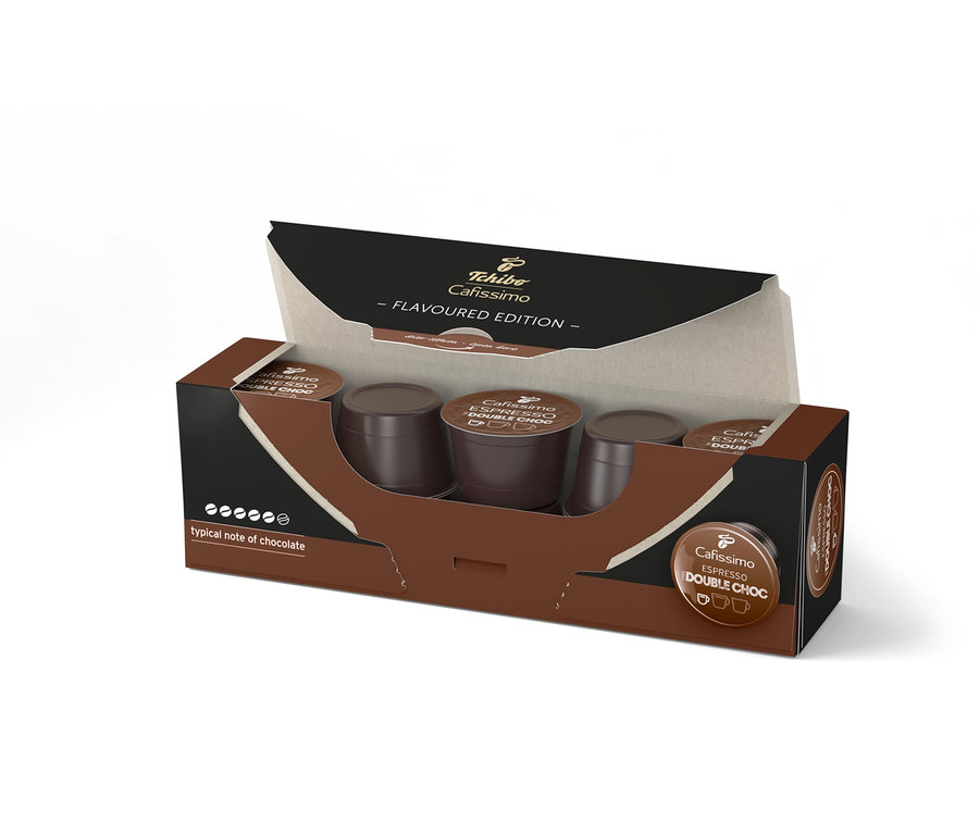 Otvorené balenie kapsúl Cafissimo Flavoured Espresso – Double Choc, s kapsulami vo vnútri.