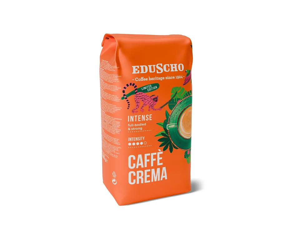Oranžové balenie zrnkovej kávy Eduscho Caffè Crema Intense s hmotnosťou 1 kg.