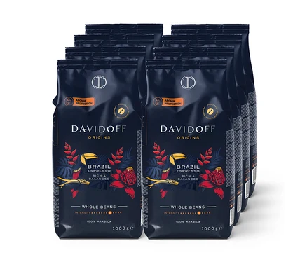 Zoskupenie ôsmich balení zrnkovej kávy DAVIDOFF CAFÉ ORIGINS Brazil po 1000 g.
