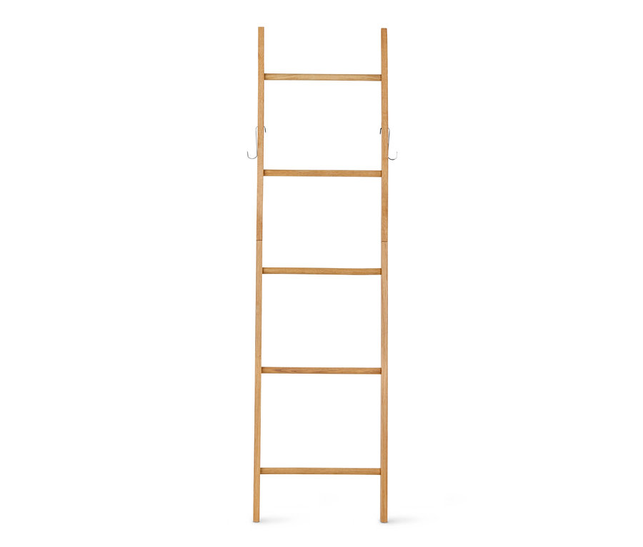 Rebrík na oblečenie z dubového dreva s piatimi priečkami a dvoma háčikmi.
