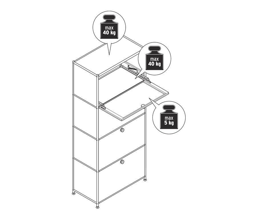 Nákres kovovej vysokej skrinky »CN3« so 4 výklopnými priehradkami. Jedna priehradka je otvorená.