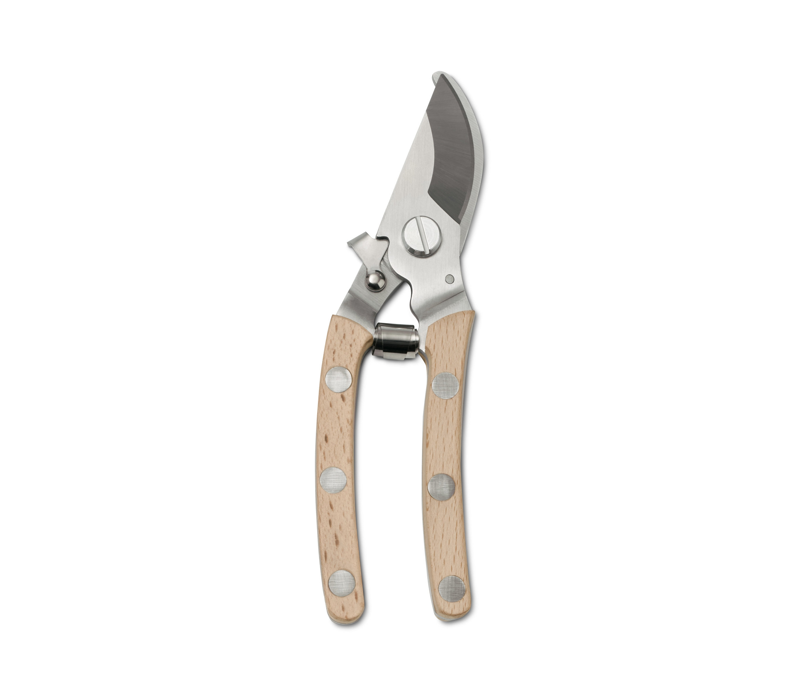 Záhradnícke nožnice so svetlou drevenou rukoväťou a striebornou čepeľou.