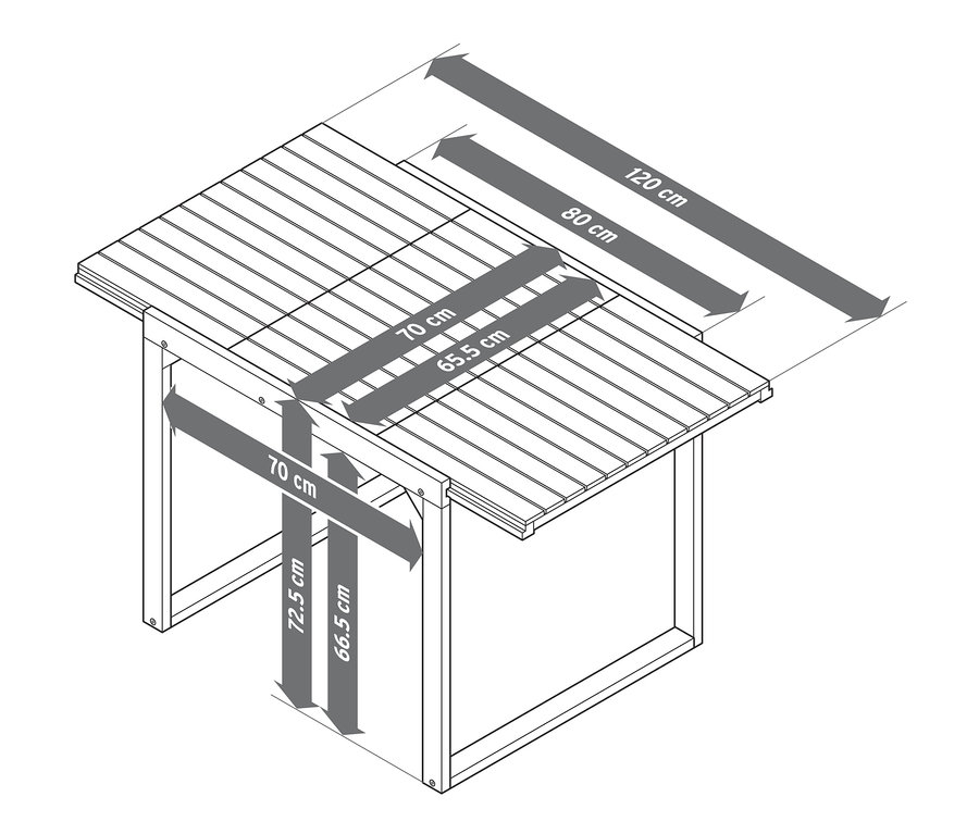 Rozmery rozkladacieho stola »Leira« v štvorcovej kompaktnej veľkosti.