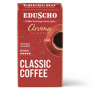 Balenie mletej kávy Eduscho Aroma Classic s obrázkom šálky kávy.