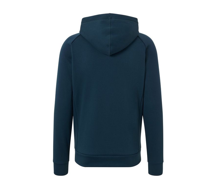 Tmavomodrá funkčná bunda s kapucňou zozadu.