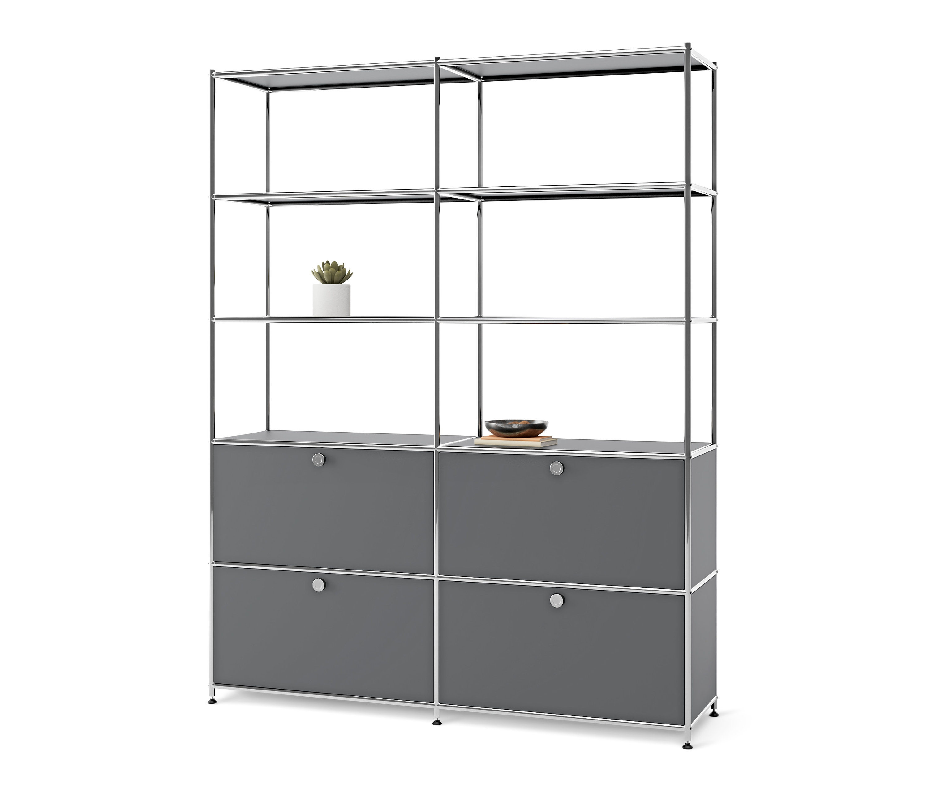 Vysoká sivá kovová skrinka »CN3« so 4 výklopnými priečinkami, na ktorých je rastlina a miska.