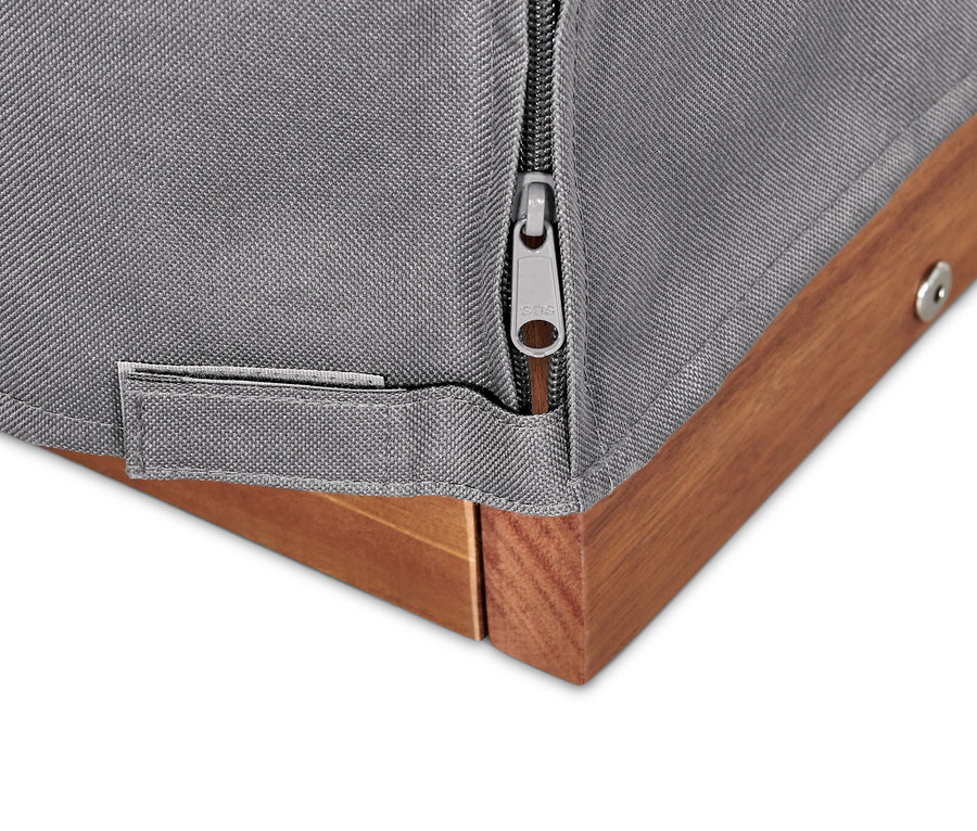 Detail šedého prémiového krytu na plážový kôš veľkosti XXL so zipsom a dreveným rámom.