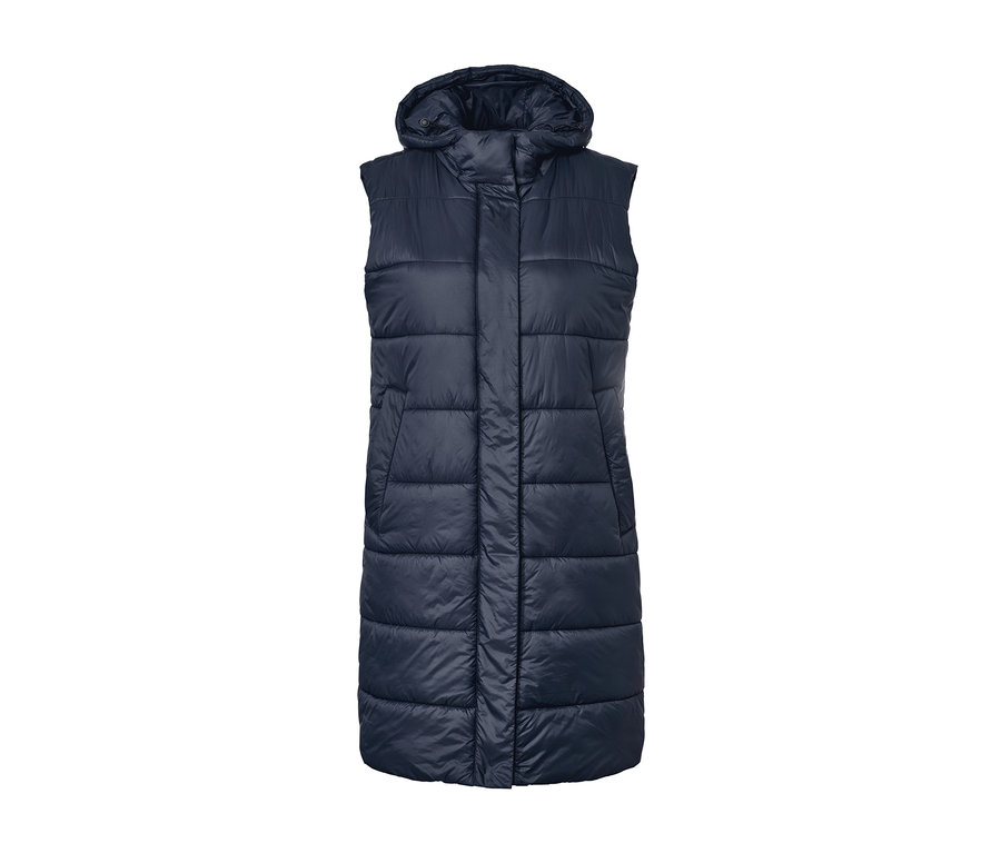 Tmavomodrá dlhá prešívaná vesta s kapucňou.