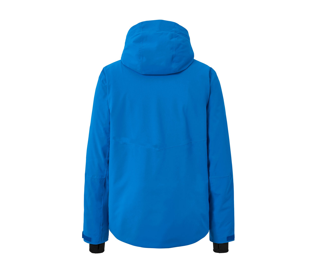 Modrá high-tech lyžiarska bunda zozadu.